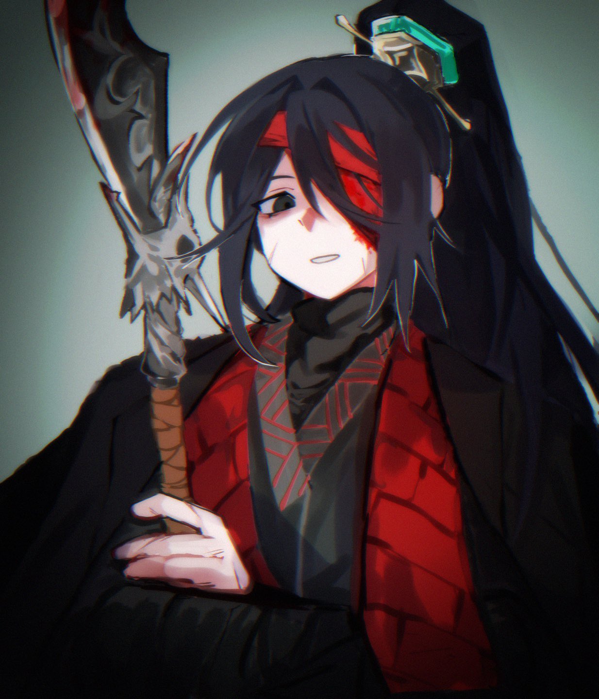 hong lu (project moon), limbus company, project moon, highres, 1boy, bandages, black coat, black eyes, black hair, black hanfu, blood, blood on face, bloody bandages, chinese clothes, coat, coat on shoulders, crossed arms, family hierarch candidate (identity) (project moon), guan dao, hair between eyes, hanfu, high ponytail, long hair, looking at viewer, polearm, ponytail, sidelocks, solbam001, solo, very long hair, weapon