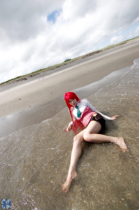 yoko littner, tengen toppa gurren lagann, photo (medium), barefoot, beach, blouse, cosplay, glasses, guge maku 2ex, miniskirt, necktie, red hair, shirt, skirt