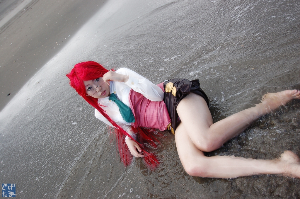 yoko littner, tengen toppa gurren lagann, photo (medium), barefoot, beach, blouse, cosplay, glasses, guge maku 2ex, miniskirt, necktie, red hair, shirt, skirt