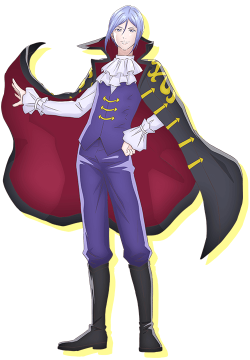 kubonouchi eisaku, astro note, official art, 1boy, anime coloring, ascot, black boots, black cloak, blue eyes, blue hair, boots, cloak, closed mouth, collared shirt, full body, hair between eyes, hand on own hip, hand up, high collar, long sleeves, looking at viewer, open hand, palms, pants, purple pants, purple vest, shirt, shoin ginger, short hair, sidelocks, simple background, smile, solo, spread fingers, standing, tachi-e, transparent background, vest, white ascot, white shirt, wide sleeves