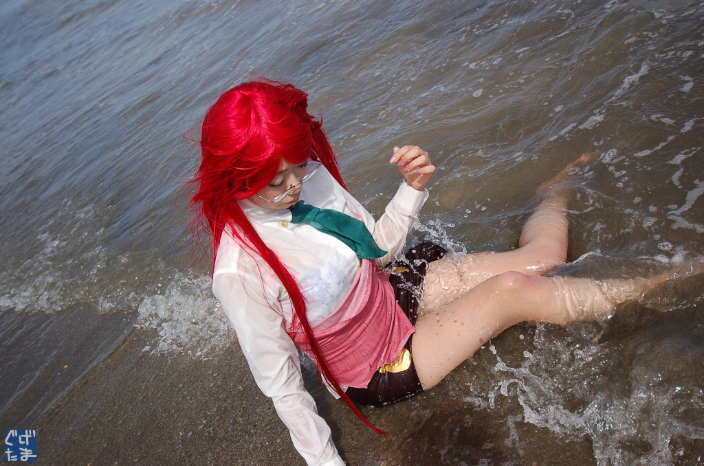 yoko littner, tengen toppa gurren lagann, photo (medium), beach, blouse, cosplay, glasses, guge maku 2ex, miniskirt, necktie, red hair, shirt, skirt