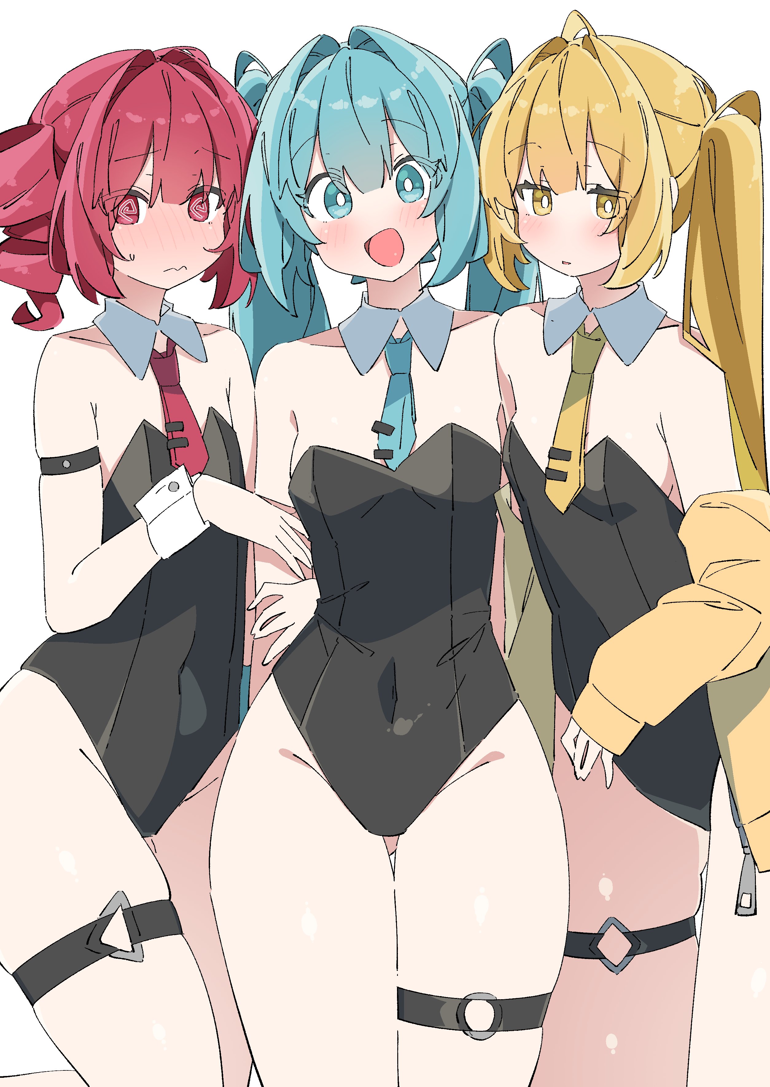 uruti 2388, akita neru, hatsune miku, kasane teto, utau, vocaloid, absurdres, commentary request, highres, 3girls, @ @, aqua eyes, aqua hair, arm strap, black leotard, blonde hair, blush, breasts, bright pupils, closed mouth, covered erect nipples, detached collar, drill hair, hair intakes, leotard, long hair, matching outfits, multiple girls, necktie, open mouth, red eyes, red hair, short hair, short necktie, side ponytail, small breasts, smile, sweatdrop, thigh strap, twintails, wavy mouth, white pupils, yellow eyes