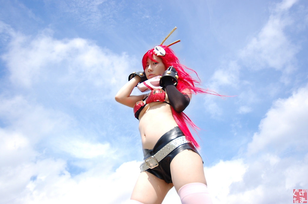 yoko littner, tengen toppa gurren lagann, photo (medium), arm warmers, bikini, bikini top only, boots, chopsticks, cosplay, fingerless gloves, gloves, kudou rou, red hair, scarf, shorts, swimsuit, thighhighs
