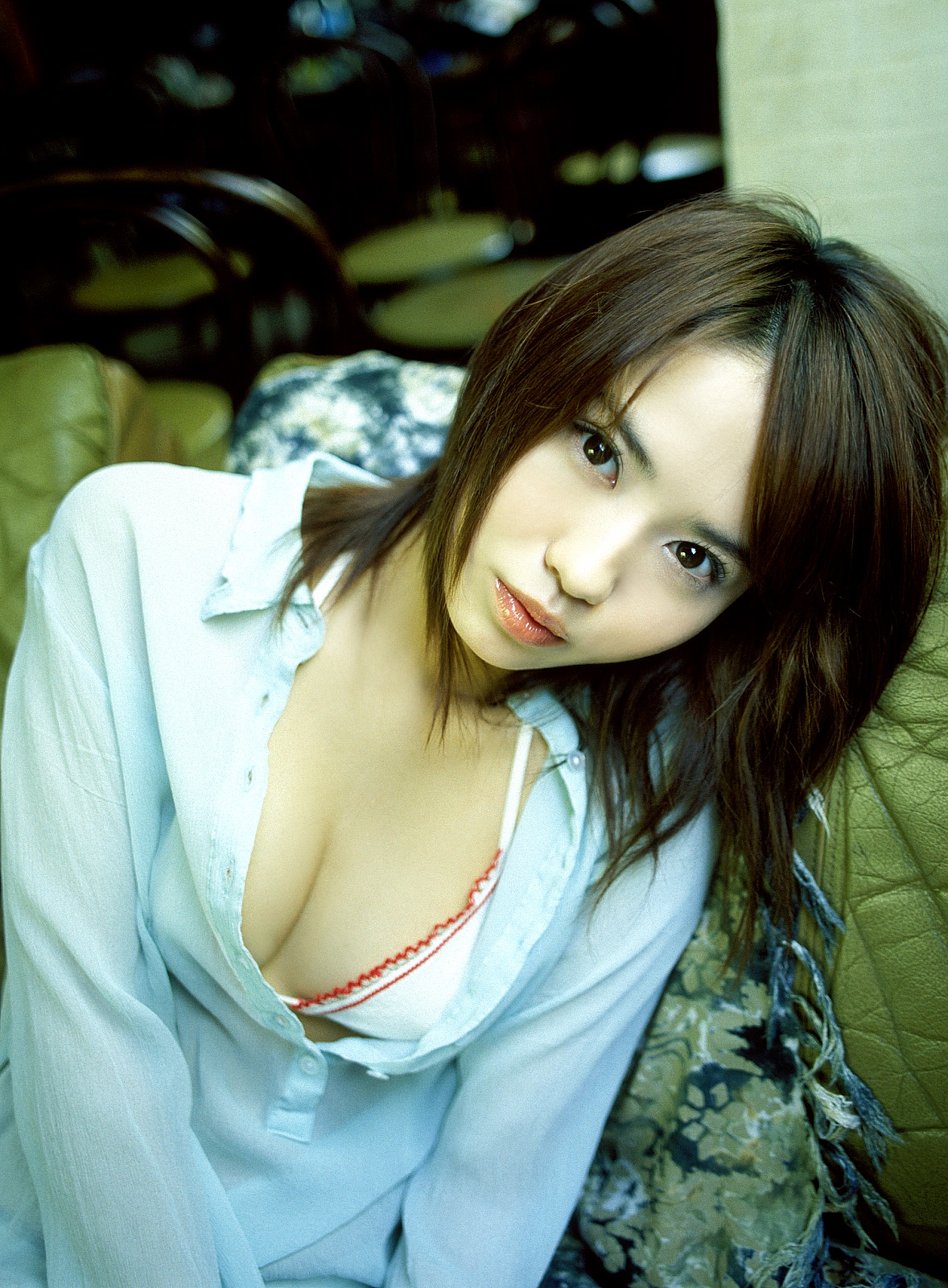 ichikawa yui, highres, photo (medium), 1girl, asian, bikini, bikini top only, blouse, breasts, brown hair, cleavage, female focus, indoors, looking at viewer, ns eyes 260, open clothes, open shirt, shirt, solo, swimsuit