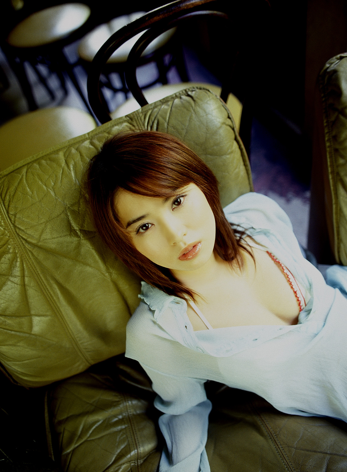 ichikawa yui, highres, photo (medium), 1girl, asian, bikini, bikini top only, blouse, breasts, brown hair, cleavage, female focus, indoors, looking at viewer, ns eyes 260, open clothes, open shirt, shirt, solo, swimsuit