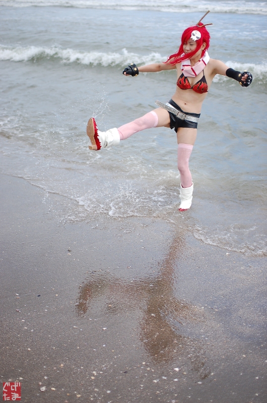 yoko littner, tengen toppa gurren lagann, photo (medium), arm warmers, beach, bikini, bikini top only, boots, breasts, chopsticks, cleavage, cosplay, fingerless gloves, gloves, kudou rou, ocean, red hair, scarf, shorts, swimsuit, thighhighs, wet