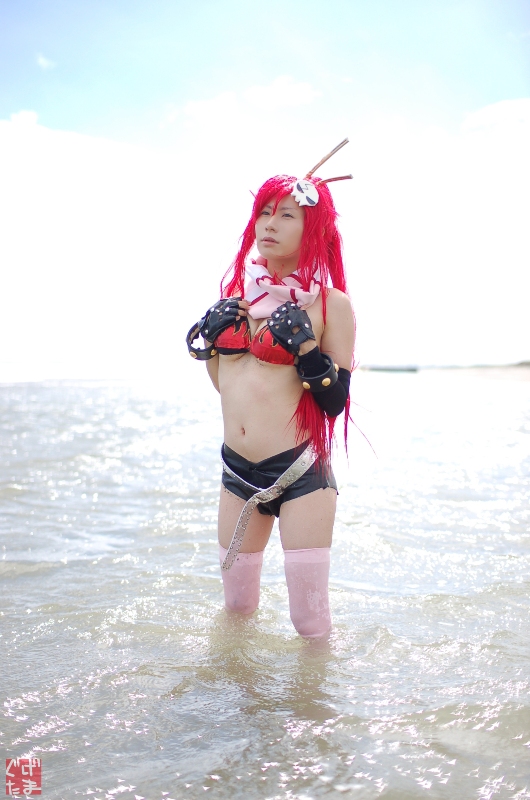 yoko littner, tengen toppa gurren lagann, photo (medium), arm warmers, beach, bikini, bikini top only, breasts, chopsticks, cleavage, cosplay, fingerless gloves, gloves, kudou rou, ocean, red hair, scarf, shorts, swimsuit, thighhighs, underboob, wet