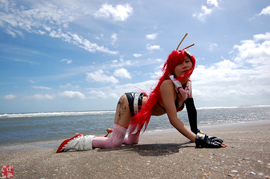 yoko littner, tengen toppa gurren lagann, photo (medium), arm warmers, beach, bikini, bikini top only, boots, chopsticks, cosplay, fingerless gloves, gloves, kudou rou, ocean, red hair, scarf, shorts, swimsuit, thighhighs, wet