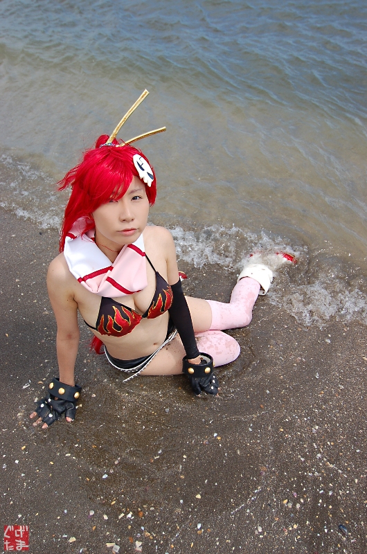 yoko littner, tengen toppa gurren lagann, photo (medium), arm warmers, beach, bikini, bikini top only, boots, breasts, chopsticks, cleavage, cosplay, fingerless gloves, gloves, kudou rou, ocean, red hair, scarf, shorts, swimsuit, thighhighs, wet