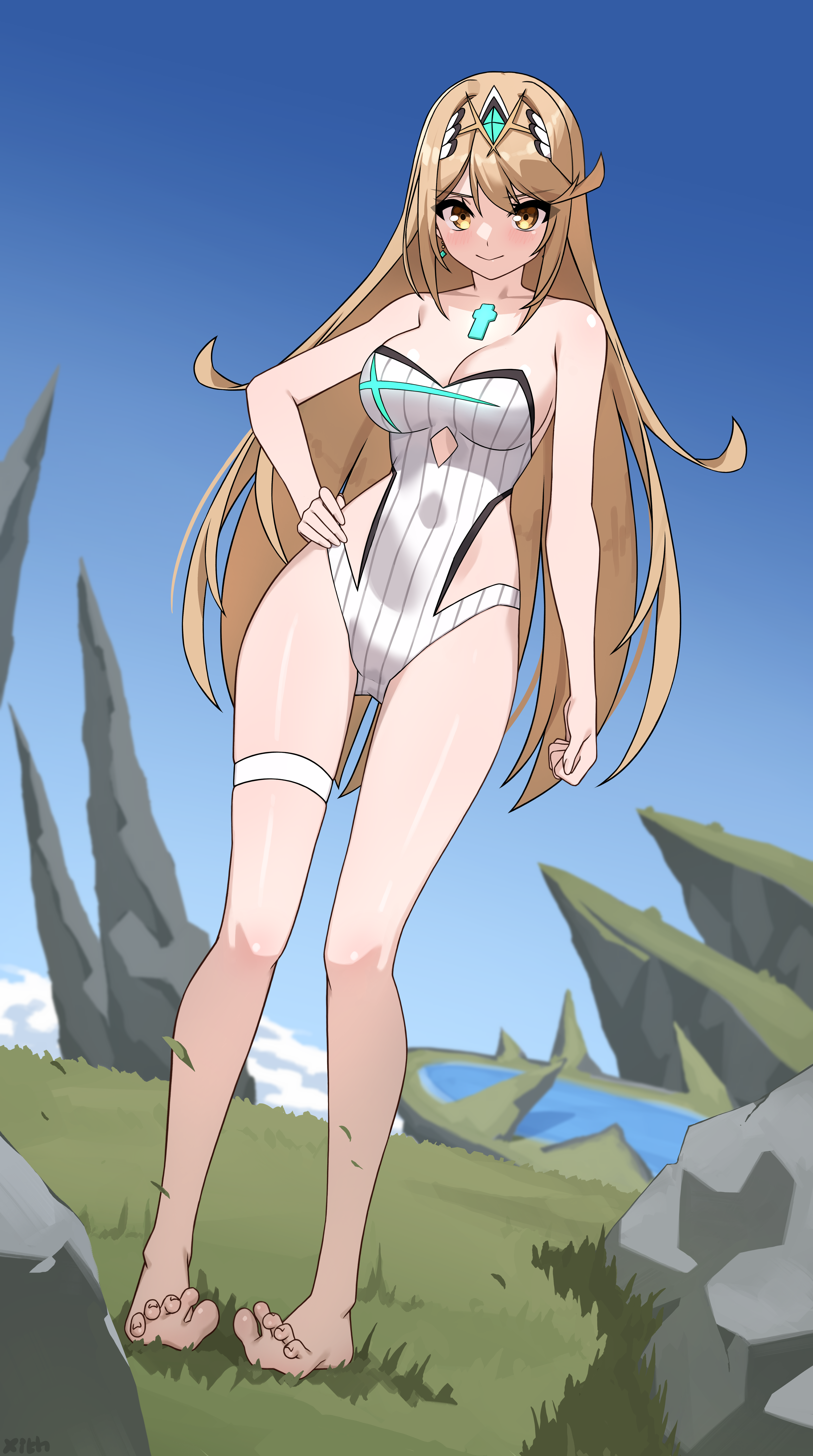 x xith x, mythra (xenoblade), xenoblade chronicles (series), xenoblade chronicles 2, absurdres, commentary, english commentary, highres, 1girl, bare shoulders, blonde hair, breasts, chest jewel, cleavage, clothing cutout, core crystal (xenoblade), full body, hip vent, large breasts, long hair, on grass, one-piece swimsuit, solo, standing, strapless, strapless one-piece swimsuit, swimsuit, tiara, white one-piece swimsuit
