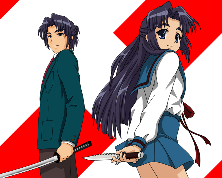 asakura ryo, asakura ryoko, suzumiya haruhi no yuuutsu, 00s, 1boy, 1girl, dual persona, genderswap, genderswap (ftm), knife, school uniform, serafuku, sword, weapon