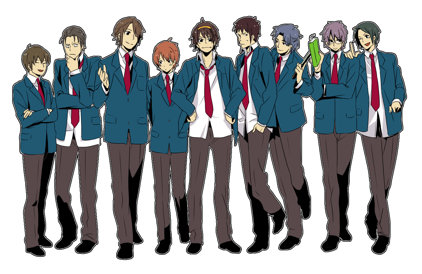 aarue, asahina mikuru, asahina mitsuru, asakura ryo, asakura ryoko, kimidori emiri, koizumi itsuki, kunikida (suzumiya haruhi), kyon, kyonko, nagato yuki, nagato yuuki, suzumiya haruhi, suzumiya haruhiko, taniguchi (suzumiya haruhi), tsuruya, tsuruya-senpai, suzumiya haruhi no yuuutsu, non-web source, 00s, 6+boys, book, genderswap, genderswap (ftm), knife, male focus, multiple boys, necktie, school uniform, serafuku