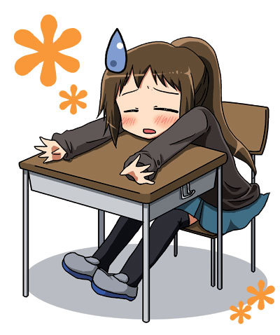 junako, kyonko, suzumiya haruhi no yuuutsu, lowres, 00s, 1girl, blush, desk, female focus, genderswap, genderswap (mtf), kita high school uniform, ponytail, school uniform, serafuku, sitting, solo, sweatdrop, thighhighs