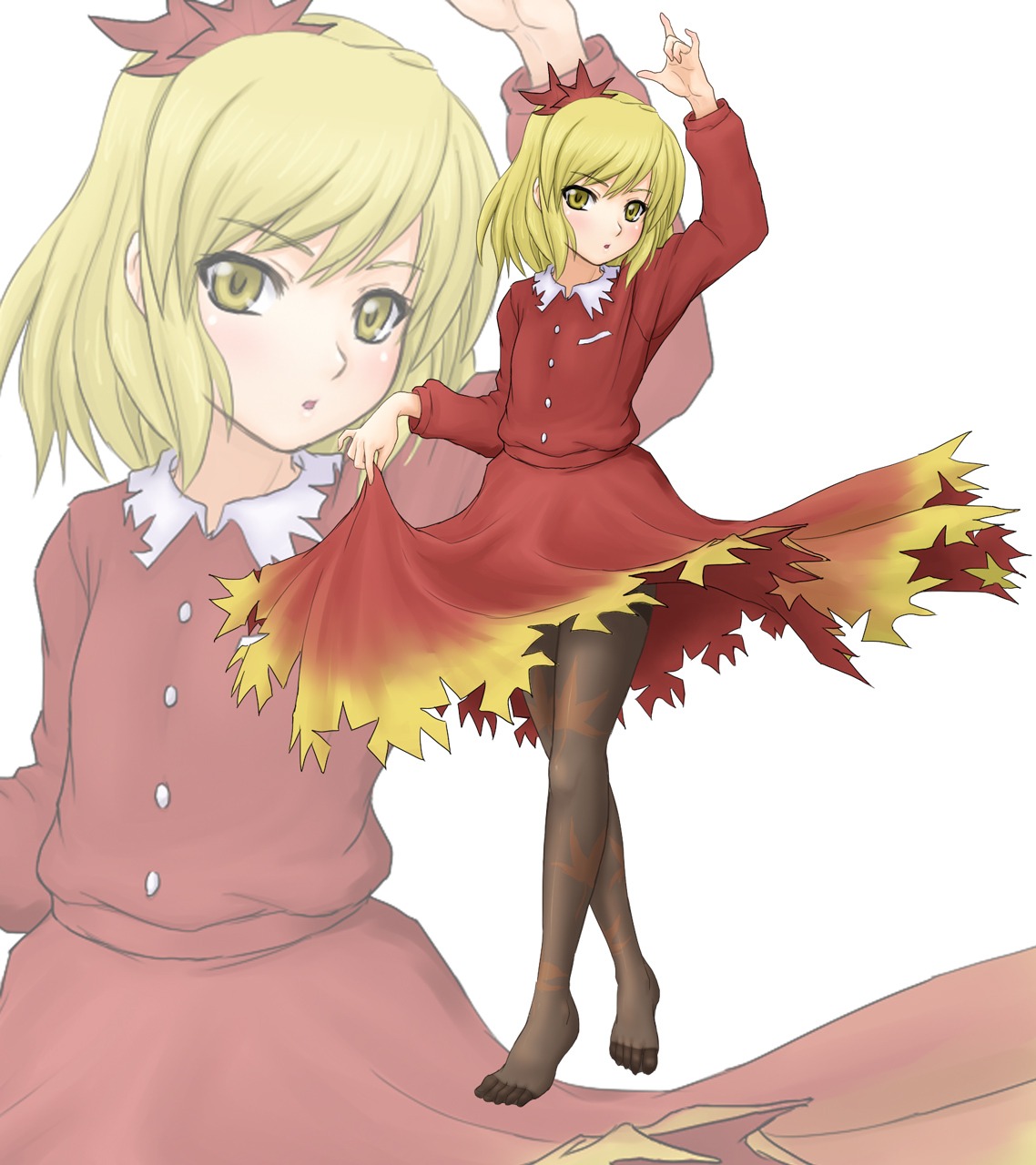 kuro suto sukii, aki shizuha, touhou, highres, 1girl, arm up, blonde hair, clothes lift, dancing, feet, female focus, hair ornament, leaf, leaf hair ornament, leaf print, legs, no shoes, pantyhose, patterned legwear, print pantyhose, short hair, skirt, skirt hold, skirt lift, solo, toes, yellow eyes, zoom layer