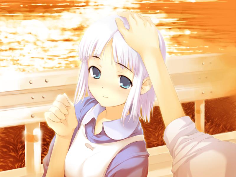 haimura kiyotaka, shiraki aeka, yume miru kusuri, game cg, 1girl, blue eyes, good end, happy, headpat, solo focus, sunset, white hair