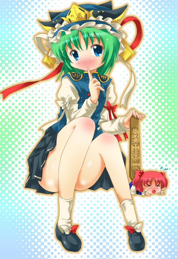 michii yuuki, onozuka komachi, shiki eiki, touhou, > <, 2girls, blue eyes, blush, bow, chibi, closed eyes, feet, female focus, finger to mouth, green hair, hair bobbles, hair ornament, hat, loafers, multiple girls, open mouth, polka dot, red hair, ribbon, rod of remorse, shoes, short hair, short twintails, sitting, skirt, socks, sweatdrop, trample, twintails, two side up