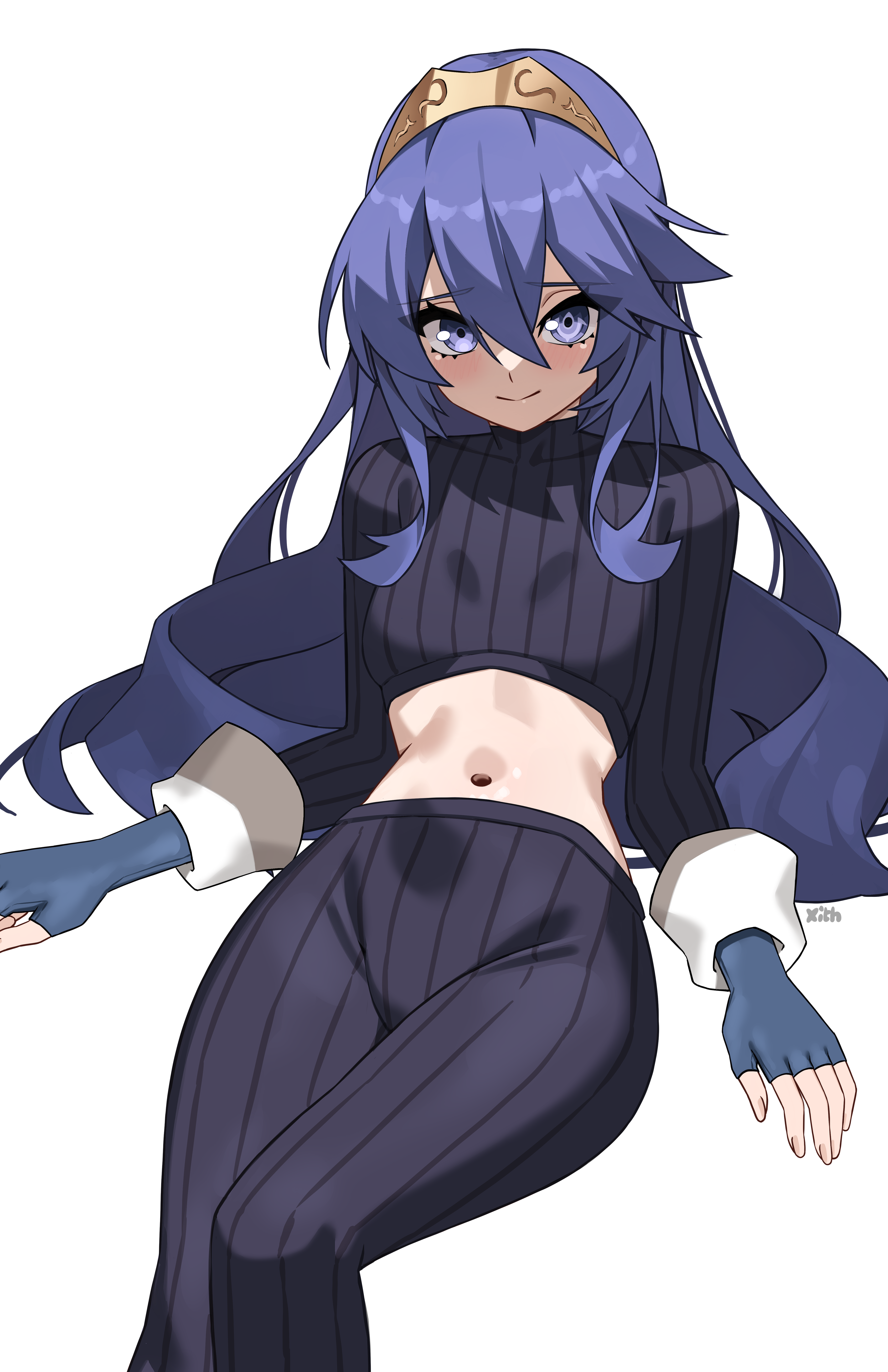 x xith x, lucina (fire emblem), fire emblem, fire emblem awakening, nintendo, absurdres, commentary, english commentary, highres, 1girl, arm support, black pantyhose, blue eyes, blue hair, blush, brand of the exalt, breasts, collarbone, crop top, fingerless gloves, gloves, hair between eyes, long hair, long sleeves, looking at viewer, midriff, midriff peek, navel, pantyhose, sitting, small breasts, smile, solo, sweater, symbol-shaped pupils, tiara, very long hair, white background