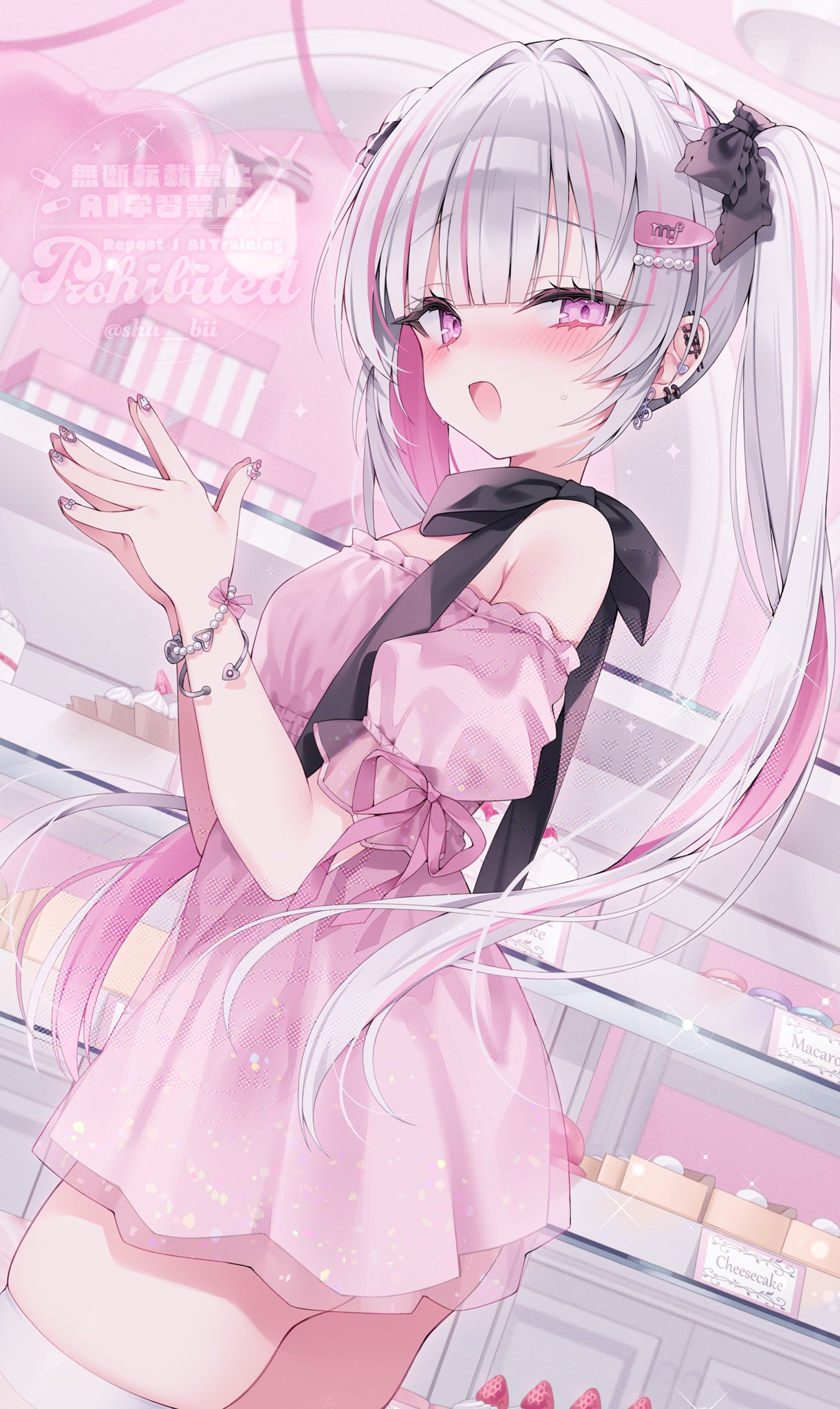 shu bii, indie virtual youtuber, commission, highres, 1girl, bakery, bare shoulders, black bow, blush, bow, bracelet, breasts, cake, dress, earrings, food, grey hair, hair bow, hair ornament, indoors, jewelry, long hair, multicolored hair, open mouth, otokagi mero, pastry, pink dress, pink eyes, pink hair, shop, smile, solo, streaked hair, thighhighs, twintails, two side up, virtual youtuber, white hair, white thighhighs