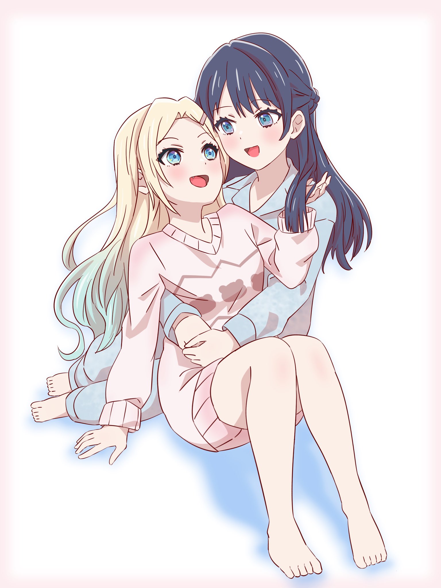 myrain56991013, murano sayaka, osawa rurino, link! like! love live!, love live!, commentary, highres, 2girls, :d, blonde hair, blue eyes, blue hair, blue pajamas, blue pants, blue shirt, collared shirt, dress, gradient hair, hair ornament, hairclip, long sleeves, multicolored hair, multiple girls, murano sayaka (sega lucky lottery sleepwear), official alternate costume, open mouth, osawa rurino (sega lucky lottery sleepwear), pajamas, pants, parted bangs, pink dress, pink sweater, shirt, short dress, smile, sweater, sweater dress, virtual youtuber