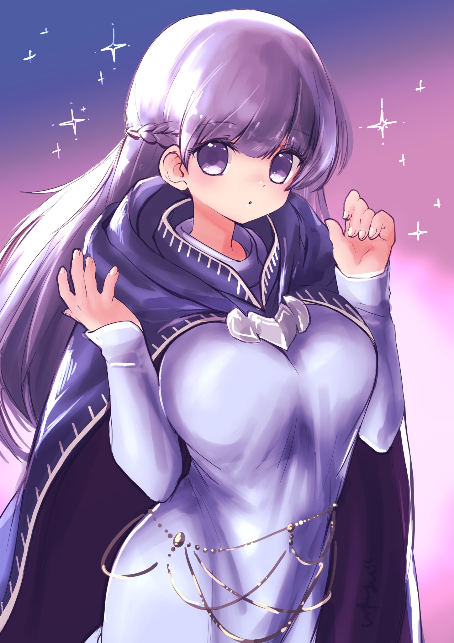 studio sugimoto, sophia (fire emblem), fire emblem, fire emblem: the binding blade, nintendo, highres, 1girl, blue dress, blush, braid, breasts, cape, cloak, dress, large breasts, long hair, long sleeves, looking at viewer, purple cloak, purple eyes, purple hair, solo, very long hair