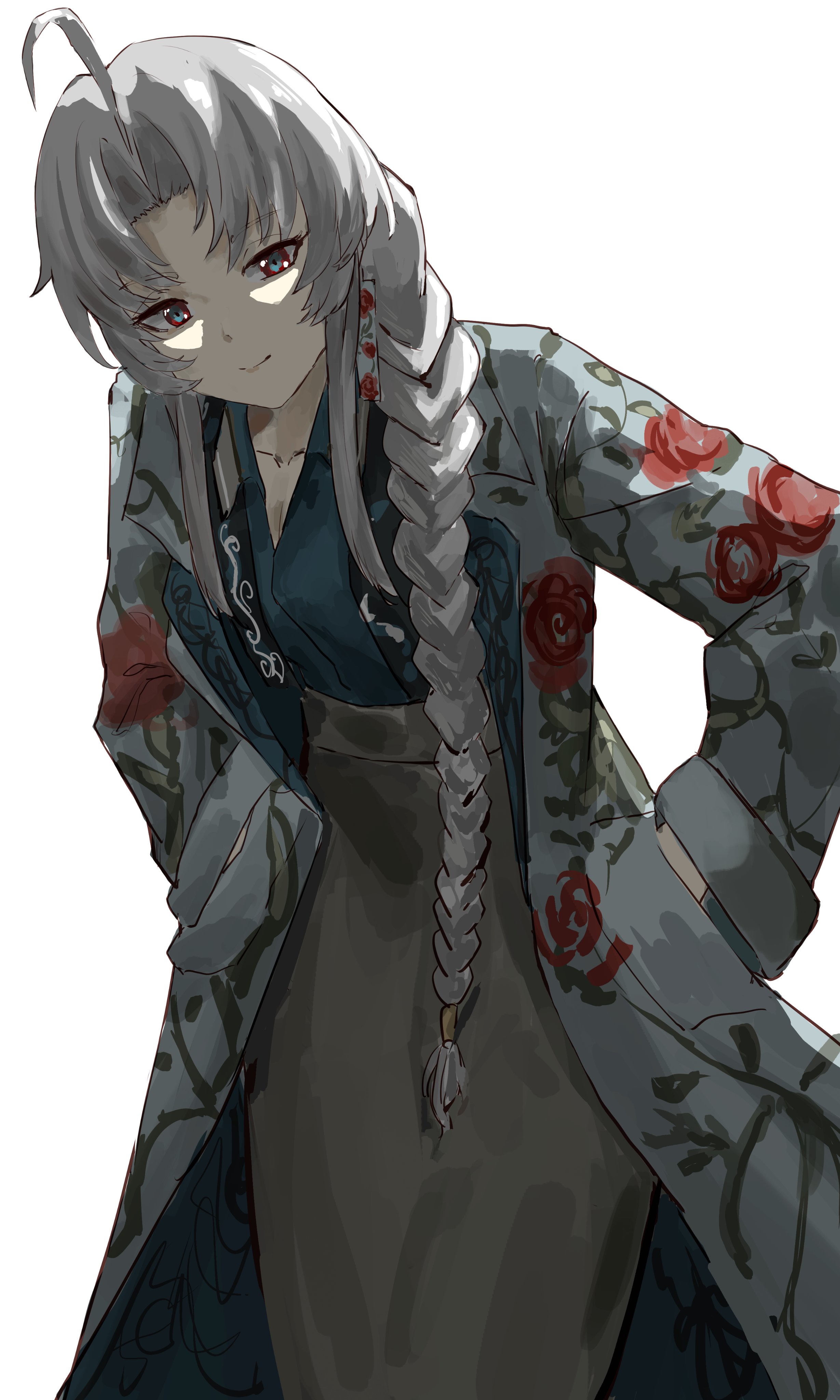 carlotta (wuthering waves), wuthering waves, absurdres, highres, 1girl, ahoge, alternate costume, aqua eyes, blue shirt, bow, braid, dress, elbow gloves, formal clothes, gloves, grey suit, hair bow, hand in pocket, jewelry, long skirt, looking at viewer, mizutamarii, parted bangs, shirt, side braid, simple background, single braid, skirt, smile, solo, suit, white background, white hair