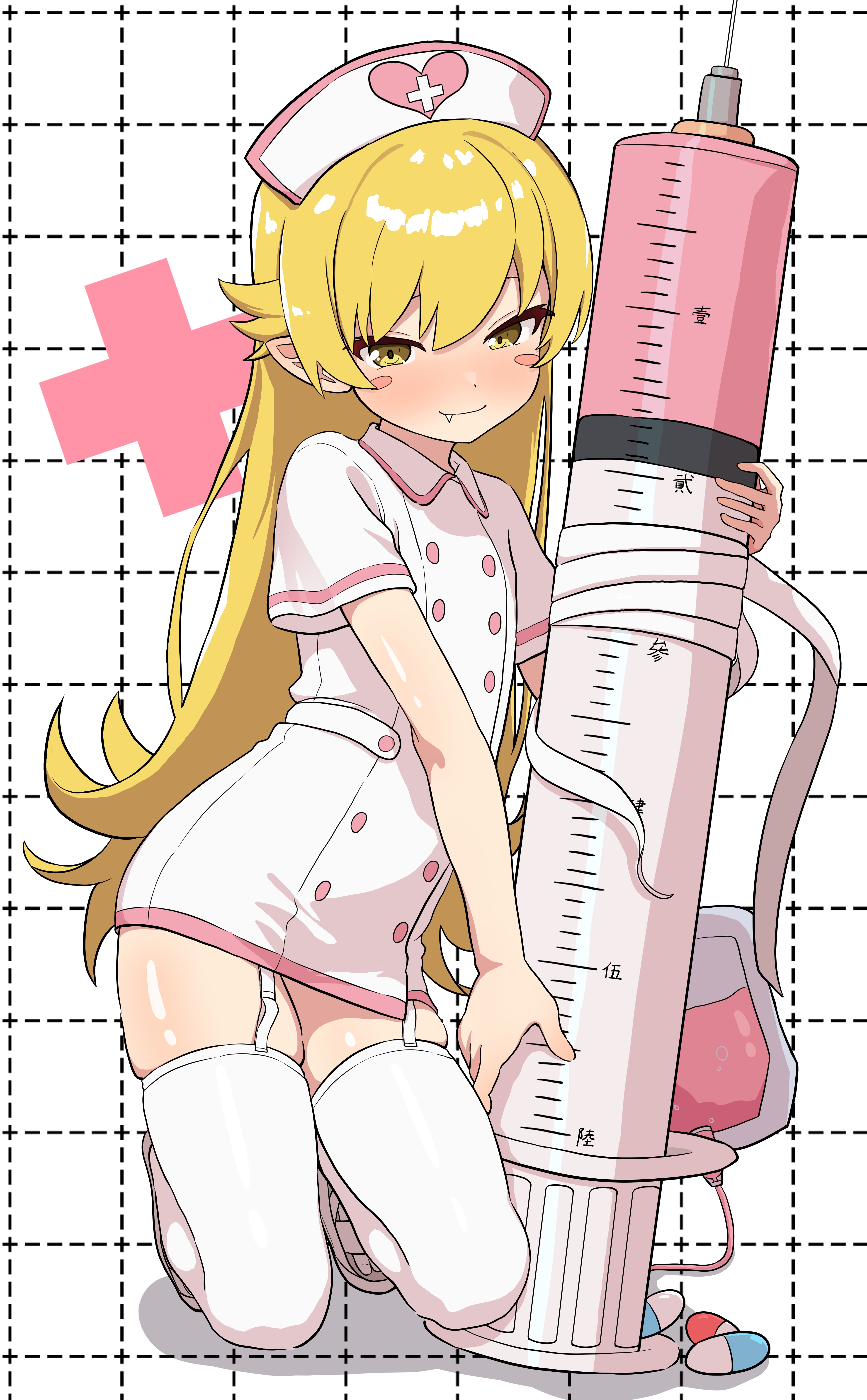 yoshikirino, oshino shinobu, monogatari (series), absurdres, commentary, highres, 1girl, alternate costume, blonde hair, blush stickers, flat chest, garter straps, hair flaps, hat, kneeling, large syringe, long hair, looking at viewer, nurse, nurse cap, oversized object, pill, sandals, skindentation, smile, solo, syringe, thighhighs, white background, white thighhighs