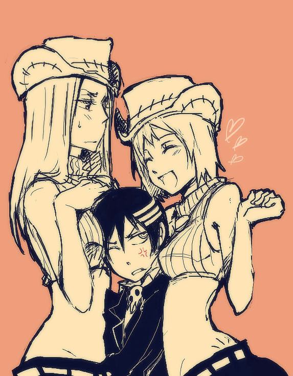 death the kid, elizabeth thompson, patricia thompson, soul eater, 00s, 1boy, 2girls, girl sandwich, multiple girls, sandwiched, siblings, sisters, sleeveless, sleeveless turtleneck, turtleneck, view between breasts