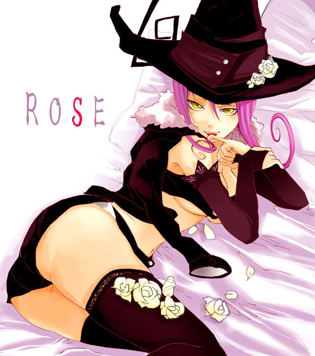 blair (soul eater), soul eater, 00s, 1girl, ass, breasts, bridal gauntlets, cleavage, elbow gloves, english text, female focus, flower, fur trim, gloves, hat, jacket, navel, pillow, purple hair, solo, thighhighs, unworn jacket, witch hat, yellow eyes
