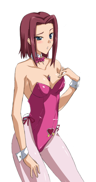 kouzuki kallen, code geass, 00s, 1girl, animal ears, between breasts, bow, bowtie, breasts, female focus, leotard, pantyhose, pink pantyhose, playboy bunny, rabbit tail, red hair, short hair, solo, strapless, tail, wrist cuffs