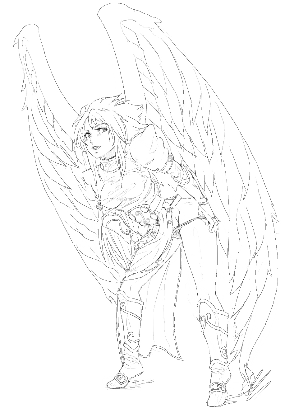 nina (breath of fire ii), breath of fire, breath of fire ii, highres, non-web source, 1girl, angel wings, female focus, greyscale, monochrome, panties, panty pull, solo, underwear, wings