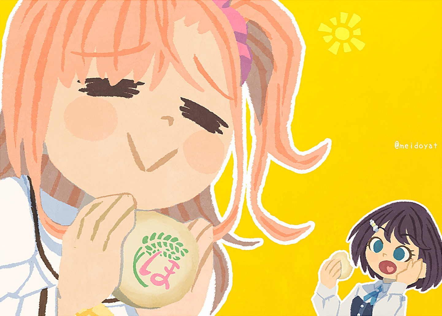meidosan, azabu mai, takahashi polka, ikizulive! love live! bluebird, love live!, love live! school idol project, commentary, 2girls, :>, :d, = =, black dress, black hair, blue eyes, bow, bowtie, closed mouth, dress, food, food bite, hair ornament, hairclip, hand on own cheek, hand on own face, heart, heart in mouth, holding, holding food, long hair, long sleeves, multiple girls, one side up, open mouth, orange hair, outline, raised inner eyebrows, sailor collar, sailor shirt, shirt, simple background, smile, steamed bun, twitter username, white outline, white sailor collar, white shirt, yellow background, yellow bow, yellow bowtie