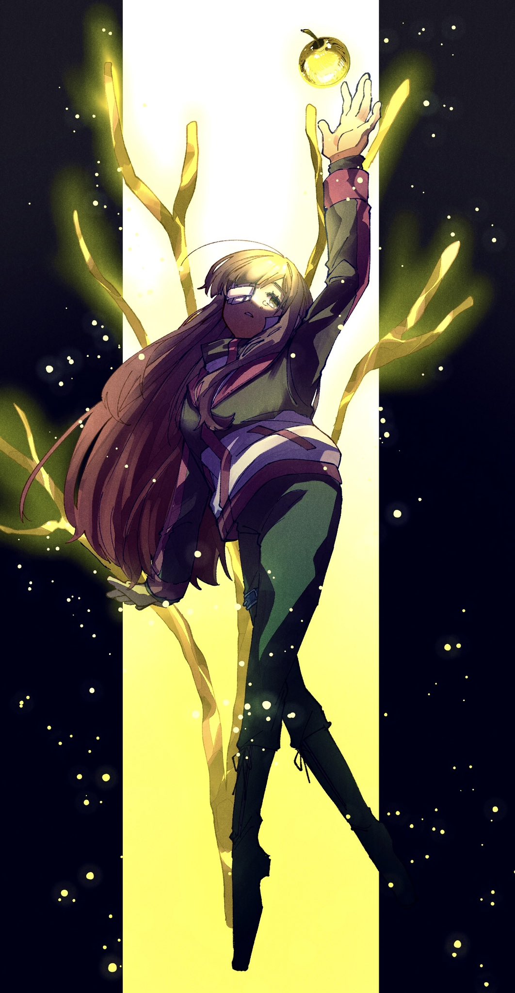 nantekottawo!!, golden bough (limbus company), yuri (project moon), limbus company, project moon, commentary, highres, symbol-only commentary, 1girl, apple, arm up, black jacket, black pants, black shoes, crying, crying with eyes open, floating, food, fruit, full body, gauze, gauze over eye, golden apple, jacket, light particles, looking up, pants, parted lips, shoes, solo, tears