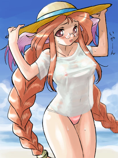 dr.p, momo (breath of fire), breath of fire, breath of fire iii, non-web source, 1girl, animal ears, beach, bikini, bikini bottom only, blush, braid, breasts, collarbone, covered erect nipples, day, female focus, glasses, hat, large breasts, long hair, no bra, orange hair, outdoors, pink bikini, rabbit ears, red eyes, red hair, see-through clothes, shirt, solo, swimsuit, t-shirt, transparent, twintails