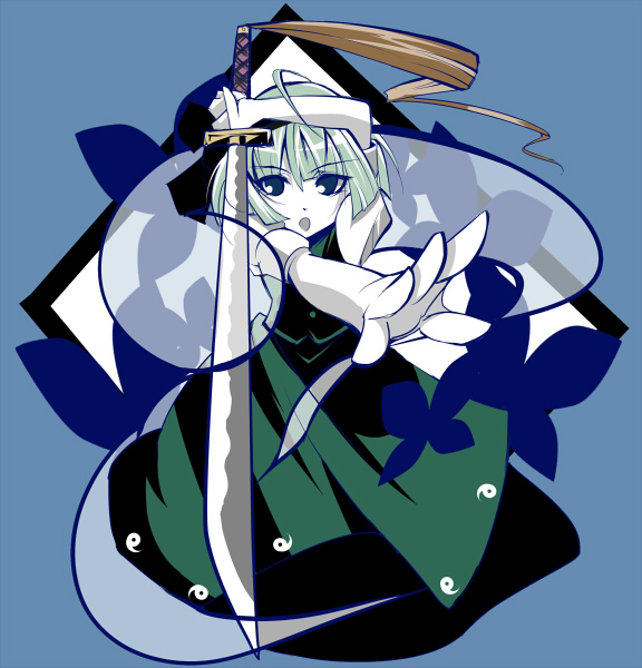 blaze (blazeillust), konpaku youmu, konpaku youmu (ghost), touhou, bad id, bad pixiv id, 1girl, female focus, hitodama, katana, solo, sword, weapon