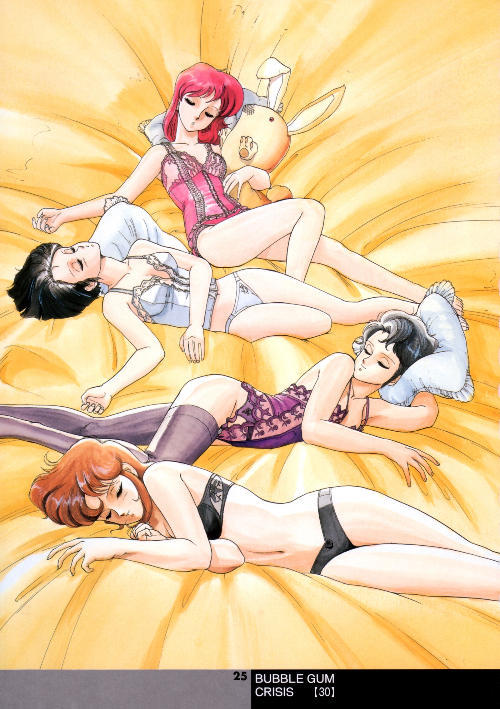 sonoda ken'ichi, linna yamazaki, nene romanova, priscilla asagiri, sylia stingray, bubblegum crisis, 1980s (style), highres, non-web source, 4girls, bed, black hair, bra, brown hair, bustier, camisoles, everyone, garter belt, garter straps, lingerie, lying, multiple girls, oldschool, panties, pillow, red hair, retro artstyle, sleeping, stuffed animal, stuffed toy, teddy (lingerie), thighhighs, underwear, underwear only