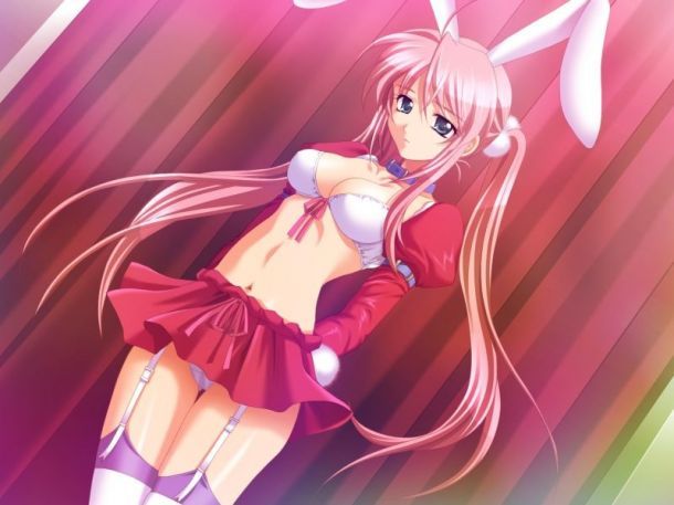 kanna (plum), hiura youko, reijou club, garters, game cg, 1girl, animal ears, bra, lingerie, long hair, midriff, miniskirt, panties, rabbit ears, red hair, skirt, slave, thighhighs, thighs, twintails, underwear