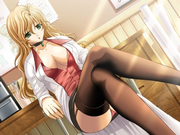 blonde hair, crossed legs, long hair, no bra, panties, pantyhose, sitting, teacher, underwear