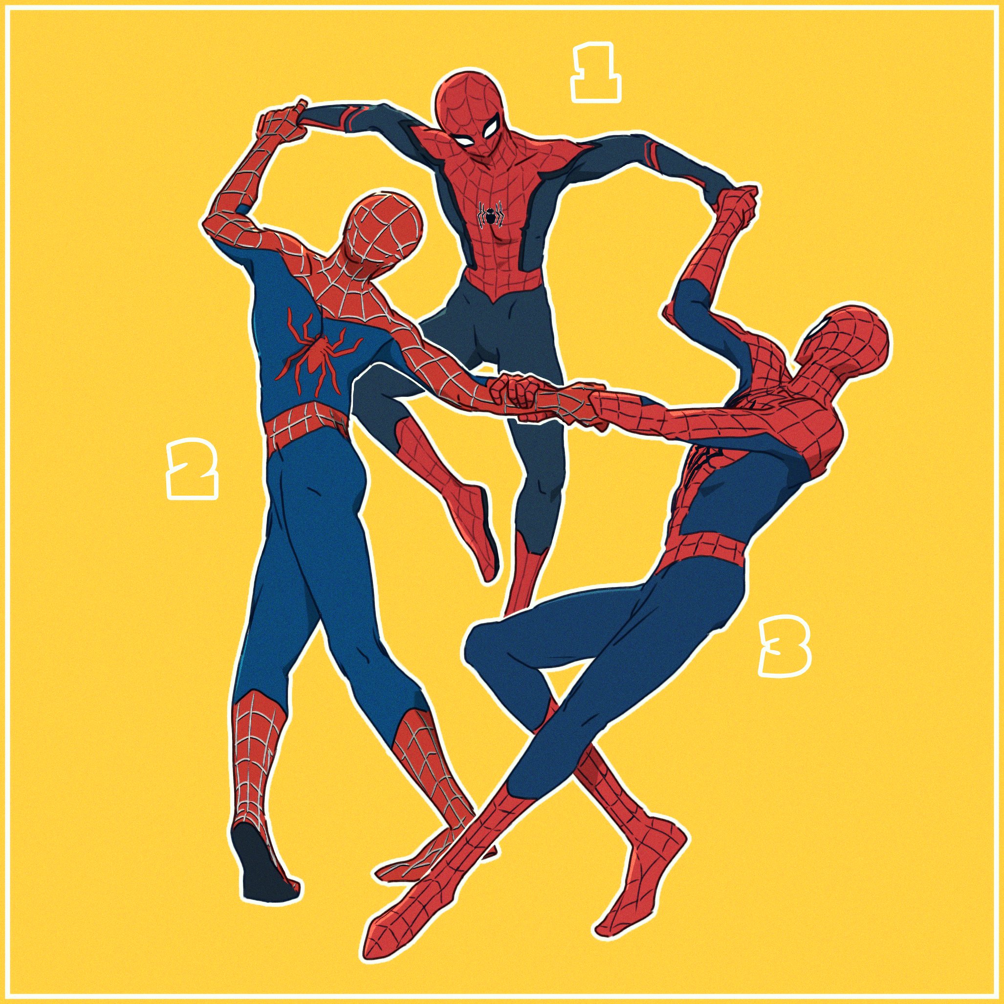 spider-man, marvel, marvel cinematic universe, spider-man: no way home, spider-man (series), highres, 3boys, animal print, back, blue bodysuit, bodysuit, covered collarbone, full body, grapeve 1832, holding another's wrist, holding hands, jumping, male focus, multiple boys, multiple persona, numbered, red bodysuit, simple background, spider print, spider web print, standing, superhero costume, two-tone bodysuit, yellow background