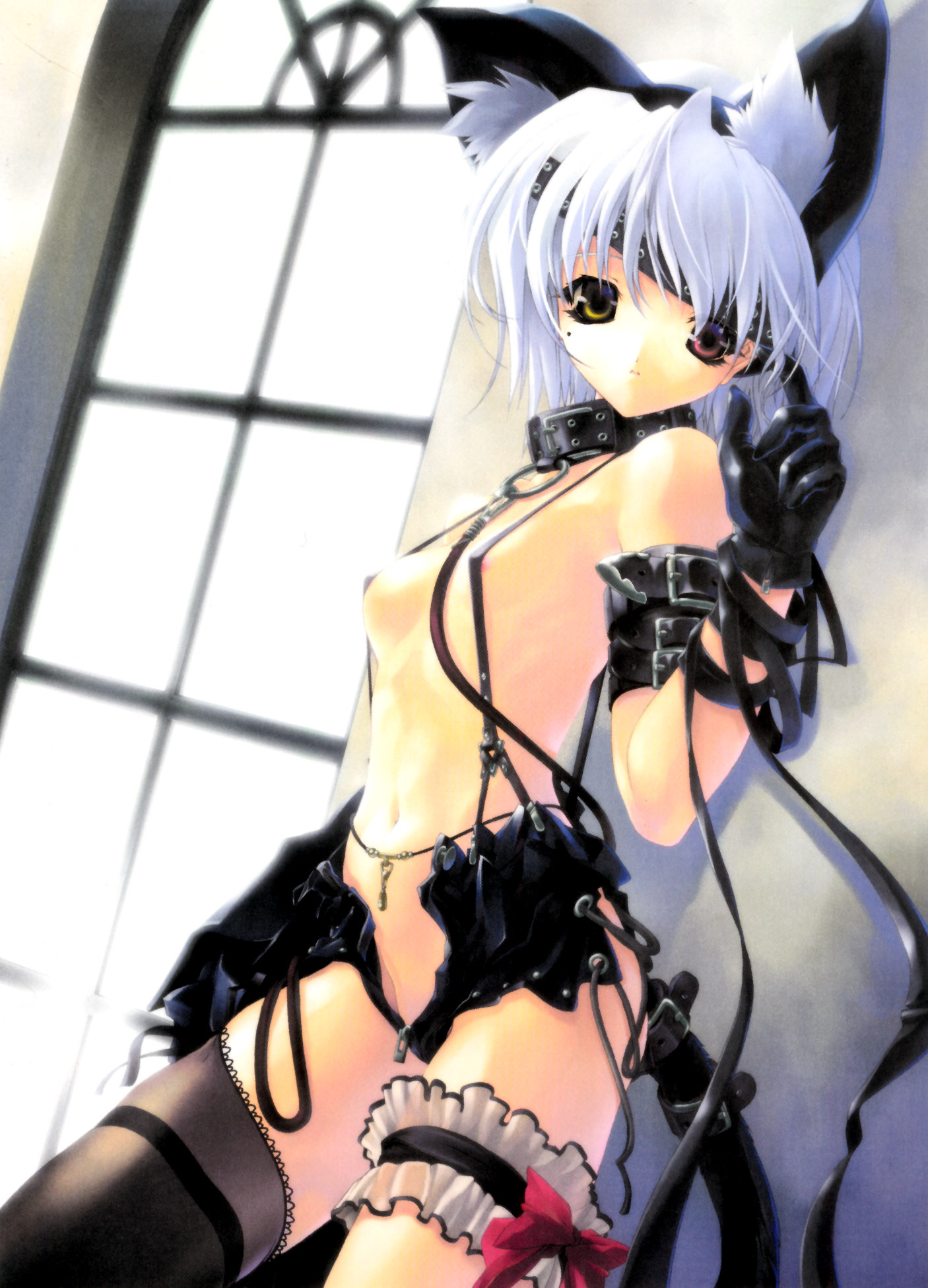 miwa yoshikazu, highres, non-web source, 1girl, animal ears, armlet, cat ears, cat tail, collar, female focus, flat chest, frilled thigh strap, gloves, heterochromia, jewelry, lingerie, short hair, solo, suspenders, tail, thigh strap, thighhighs, underwear, unzipped, white hair