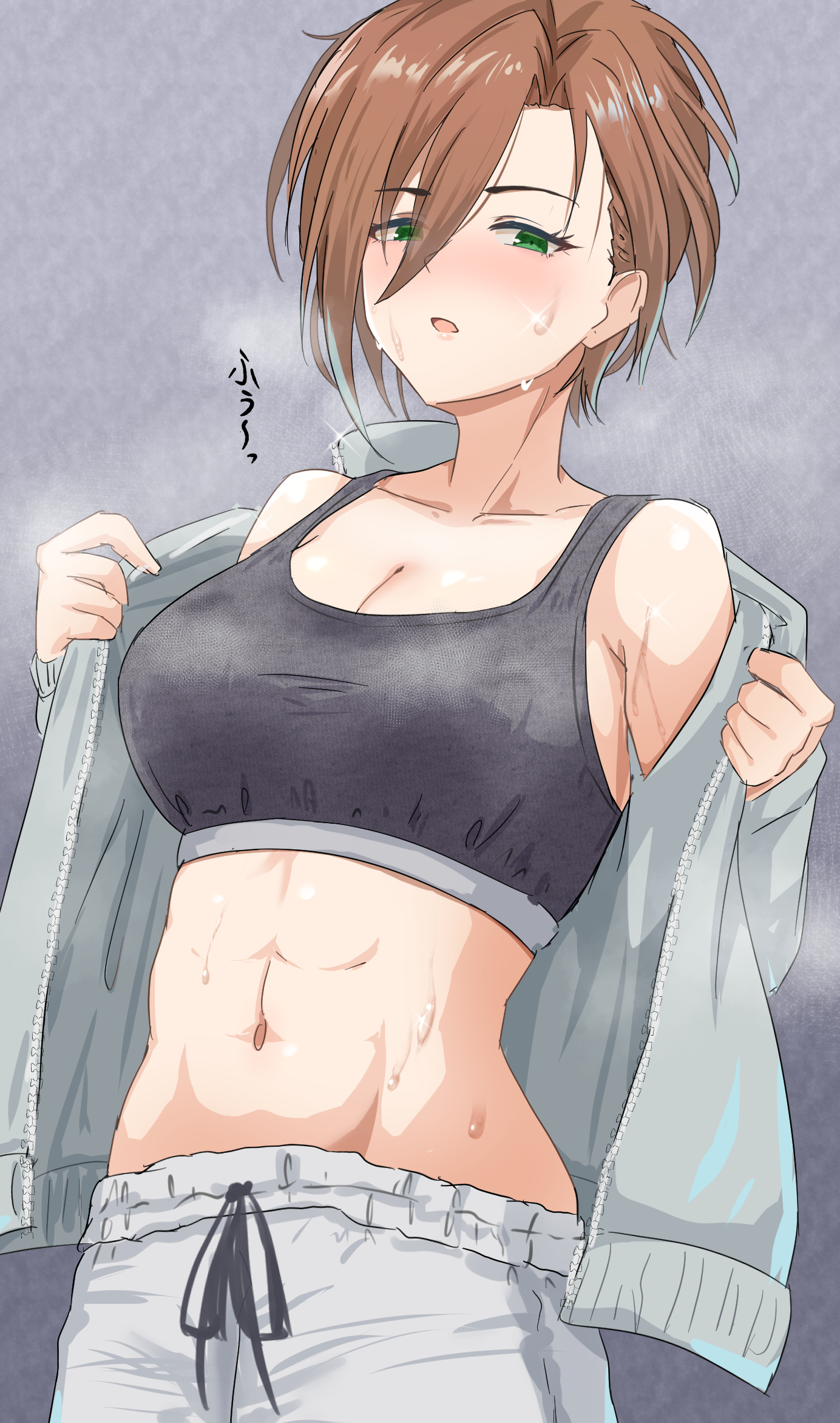zhi (papercraft8559), kiba manami, idolmaster, idolmaster cinderella girls, highres, 1girl, abs, black sports bra, blush, breasts, breath, brown hair, cleavage, collarbone, green eyes, grey jacket, grey pants, jacket, large breasts, looking at viewer, navel, pants, removing jacket, short hair, solo, sports bra, steam, stomach, sweat, toned, toned female