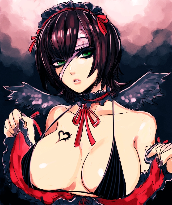 igarashi ran (igatz), igatz, amami haruka, idolmaster, idolmaster (classic), idolmaster 1, bad id, bad pixiv id, 00s, 1girl, bandages, breasts, choker, female focus, green eyes, ribbon, solo, wings