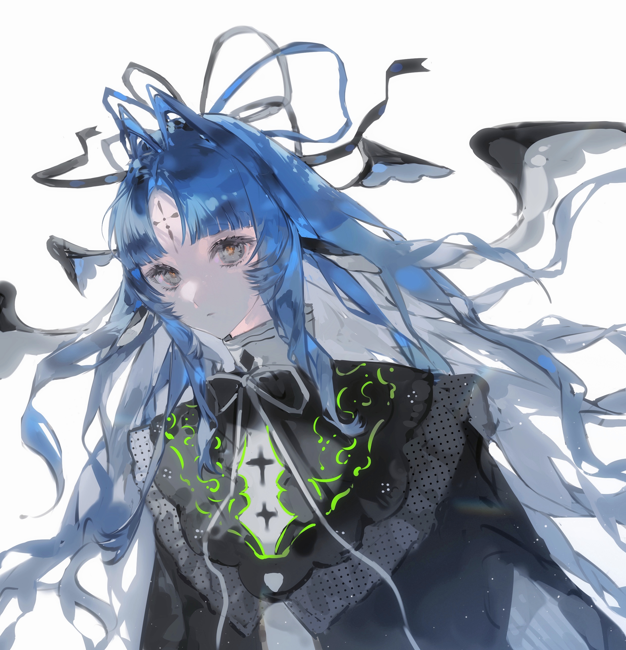 original, absurdres, highres, 1girl, black dress, black ribbon, blue hair, dress, facial mark, feathered wings, forehead mark, frills, hair ribbon, head wings, heilanshuimuchu, long hair, looking at viewer, neck ribbon, parted bangs, ribbon, sidelocks, simple background, solo, upper body, very long hair, white background, wings
