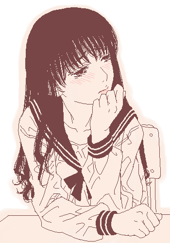 gusu, lowres, 1girl, female focus, head rest, monochrome, oekaki, pink theme, school uniform, sepia, serafuku, solo