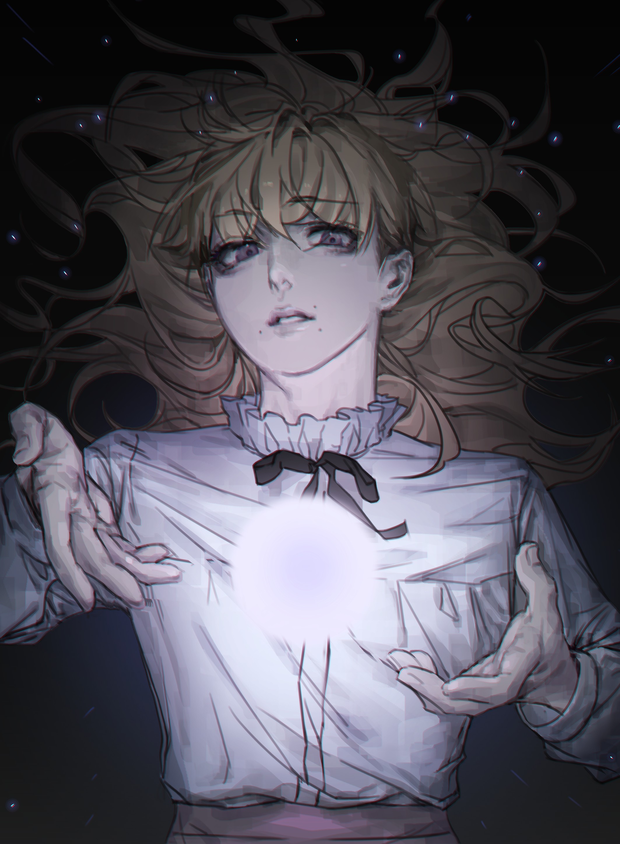 keda (keda.doodle), marina (fear & hunger), fear & hunger (series), fear & hunger 2: termina, absurdres, commentary, highres, symbol-only commentary, 1girl, black background, black ribbon, brown eyes, brown hair, face piercing, flat chest, frilled shirt collar, frills, lips, long hair, long sleeves, looking at viewer, mouth piercing, neck ribbon, parted lips, piercing, pink skirt, ribbon, shirt, shirt tucked in, skirt, solo, upper body, white shirt