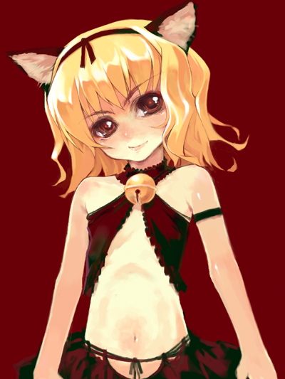 animal ears, bell, blonde hair, flat chest, open clothes, open shirt, red eyes, shirt, solo