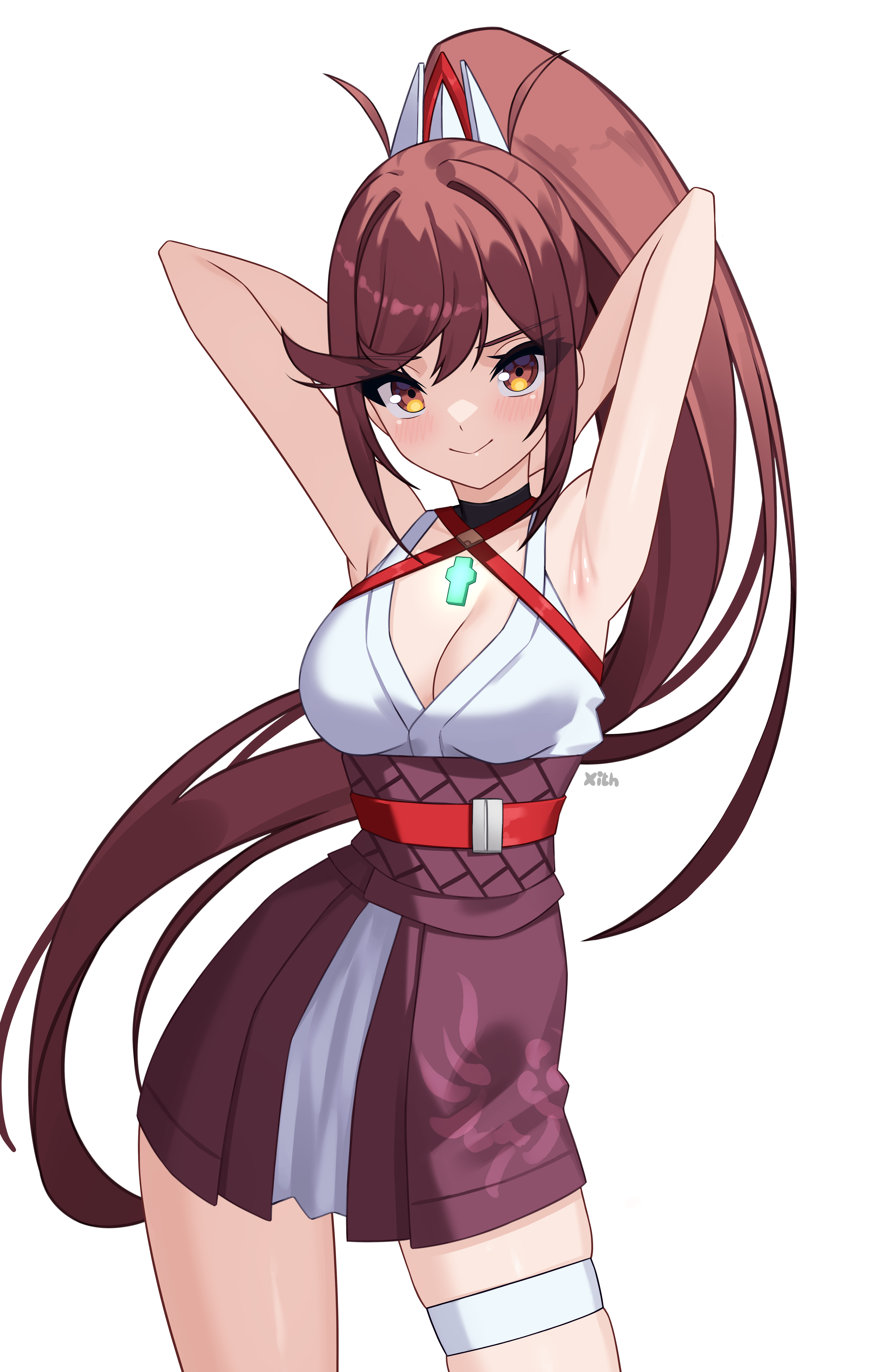 x xith x, glimmer (xenoblade), xenoblade chronicles (series), xenoblade chronicles 3, xenoblade chronicles 3: future redeemed, absurdres, commentary, english commentary, highres, 1girl, armpits, arms up, artist name, blush, breasts, brown eyes, brown hair, cleavage, core crystal (xenoblade), cowboy shot, criss-cross halter, english text, eyelashes, halterneck, high ponytail, japanese clothes, kimono, large breasts, like and retweet, long hair, looking at viewer, obi, ponytail, sash, short kimono, sidelocks, simple background, skindentation, smile, solo, swept bangs, thigh strap, very long hair, white background