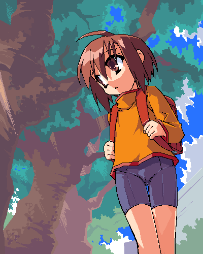 mof, redrantem, tomoshibi hidekazu, bike shorts girl (tomoshibi hidekazu), original, lowres, 1girl, backpack, bag, bike shorts, female focus, oekaki, randoseru, solo, tree