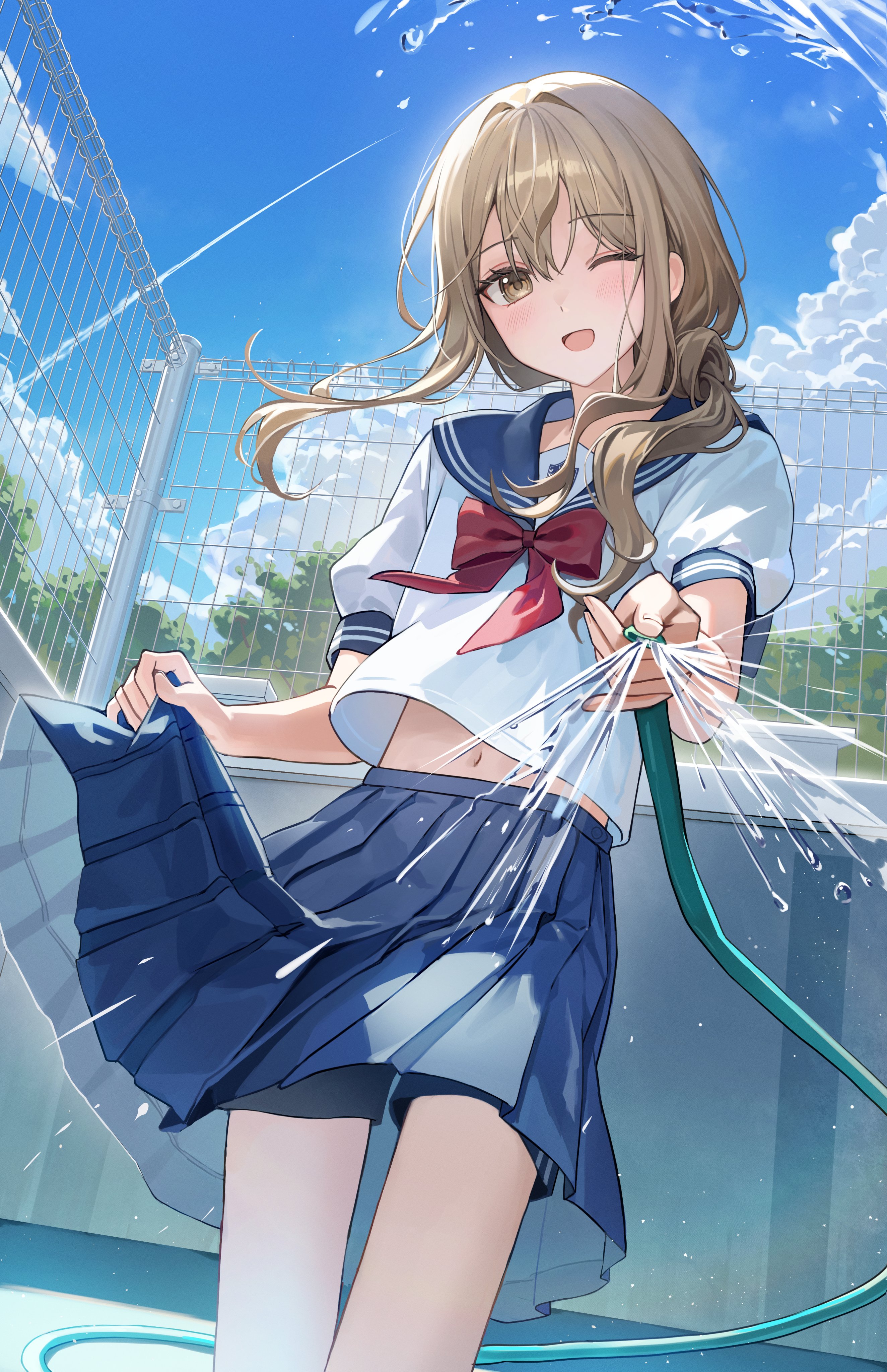 as4 s2, hanaoka makoto, senpai wa otokonoko, absurdres, highres, 1girl, black shorts, blonde hair, blue skirt, blush, bow, bowtie, holding, holding hose, hose, long hair, midriff, navel, neckerchief, one eye closed, open clothes, open mouth, open shirt, pool, red bow, red bowtie, red neckerchief, school uniform, serafuku, shorts, skirt, solo, water, yellow eyes