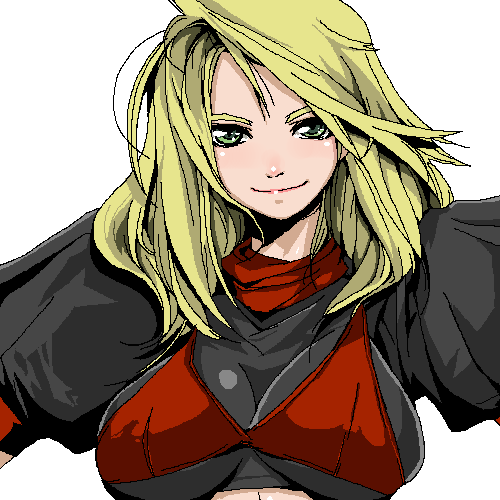 lowres, 1girl, blonde hair, female focus, green eyes, oekaki, smile, solo