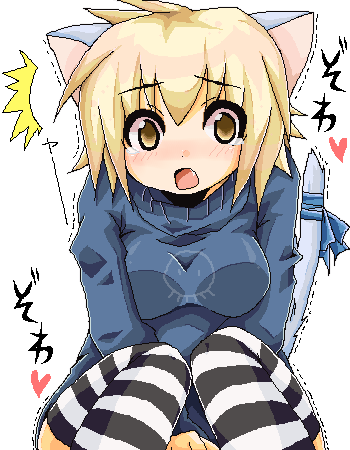 bad id, bad pixiv id, lowres, animal ears, blonde hair, cat ears, cat tail, oekaki, solo, striped clothes, striped thighhighs, tail, thighhighs